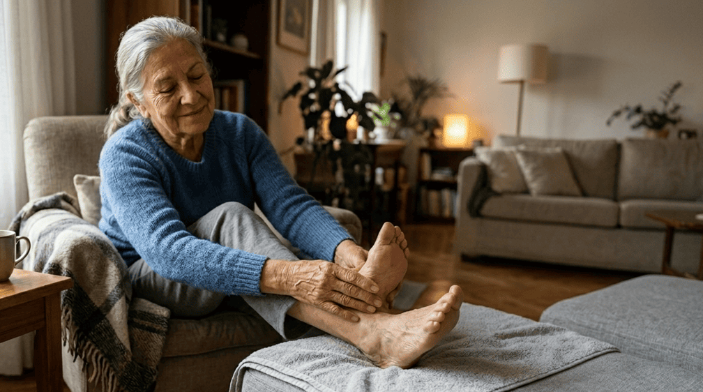 Persona mayor masajeando suavemente sus pies cansados, ilustrando el alivio sintomático del dolor nervioso y la neuropatía