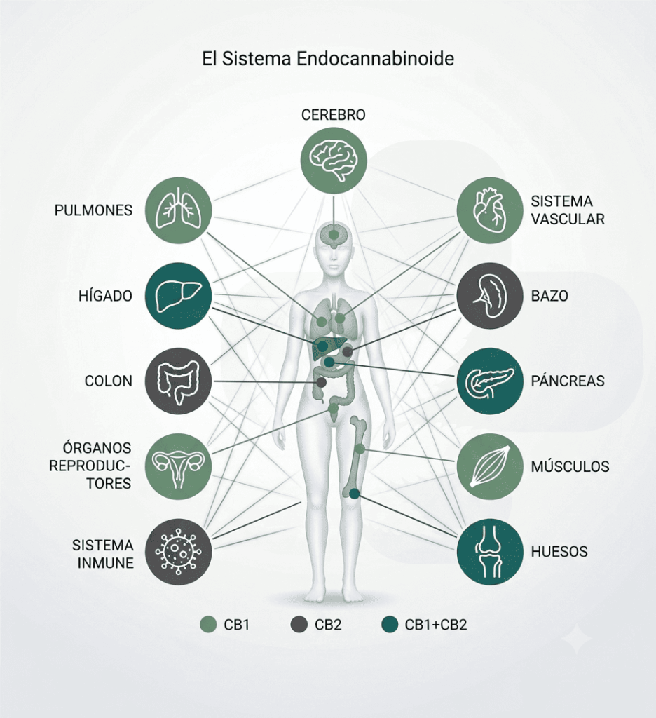 Infografía limpia en español que explica de forma simple el funcionamiento del sistema endocannabinoide y los receptores celulare