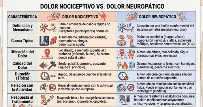 Tabla comparativa entre dolor nociceptivo y dolor neuropático