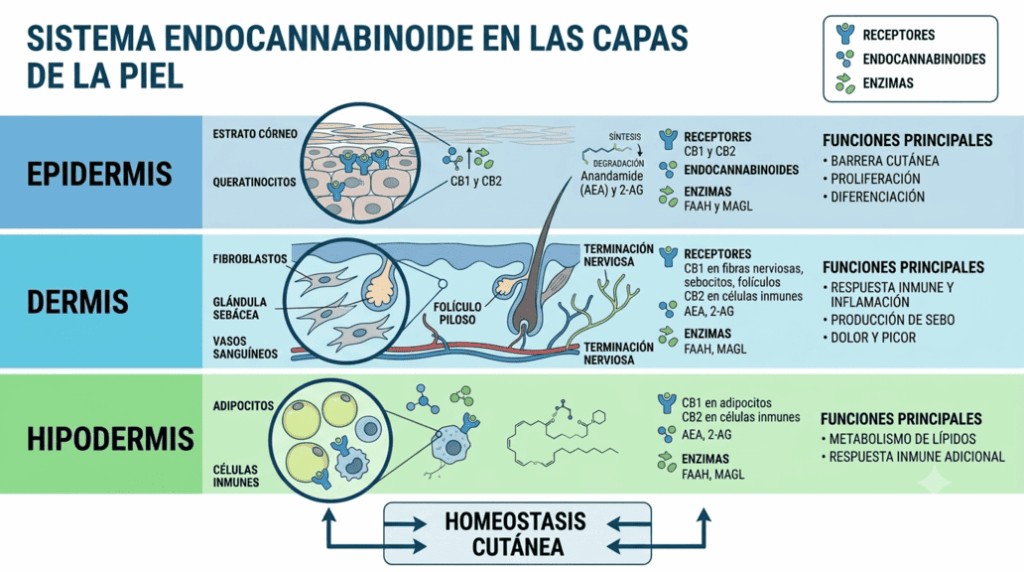 Diagrama simple del sistema endocannabinoide en las capas de la piel